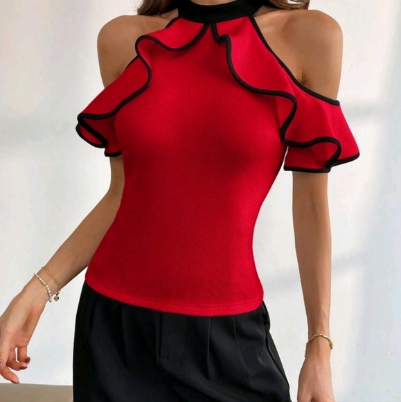 Women's Elegant Commuter Color-Block Ruffle Ruffle Short Sleeve T-Shirt - Picture 4 of 6